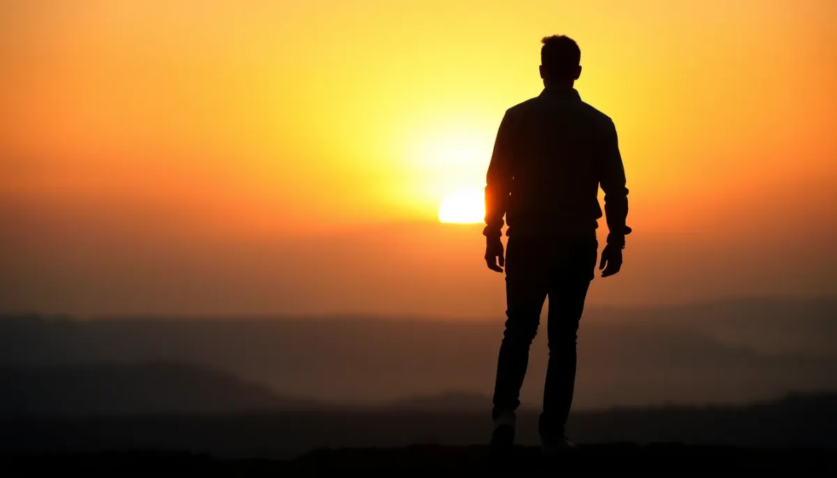 Silhouette d'une personne face à l'horizon au lever du soleil, symbolisant l'ascendant