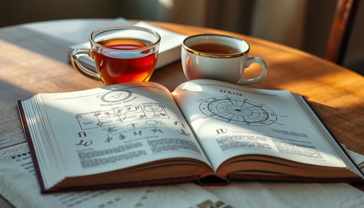 Livre d'astrologie ouvert avec des cartes du ciel et une tasse de thé