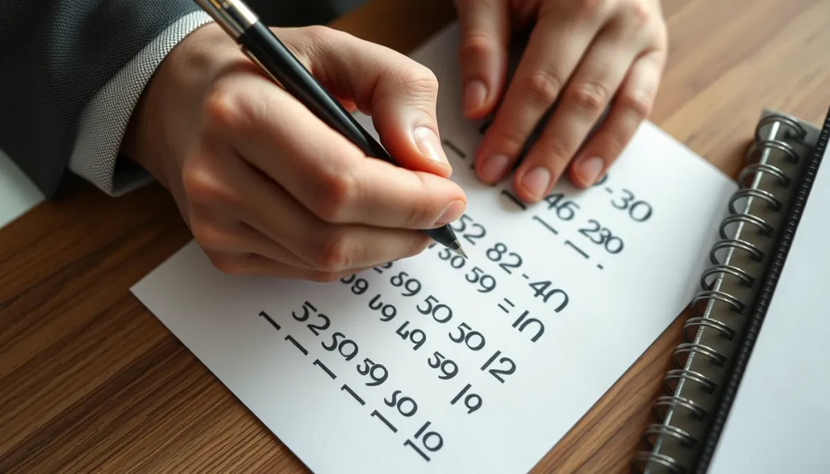 Mains écrivant des chiffres sur une feuille pour calculer le chemin de vie