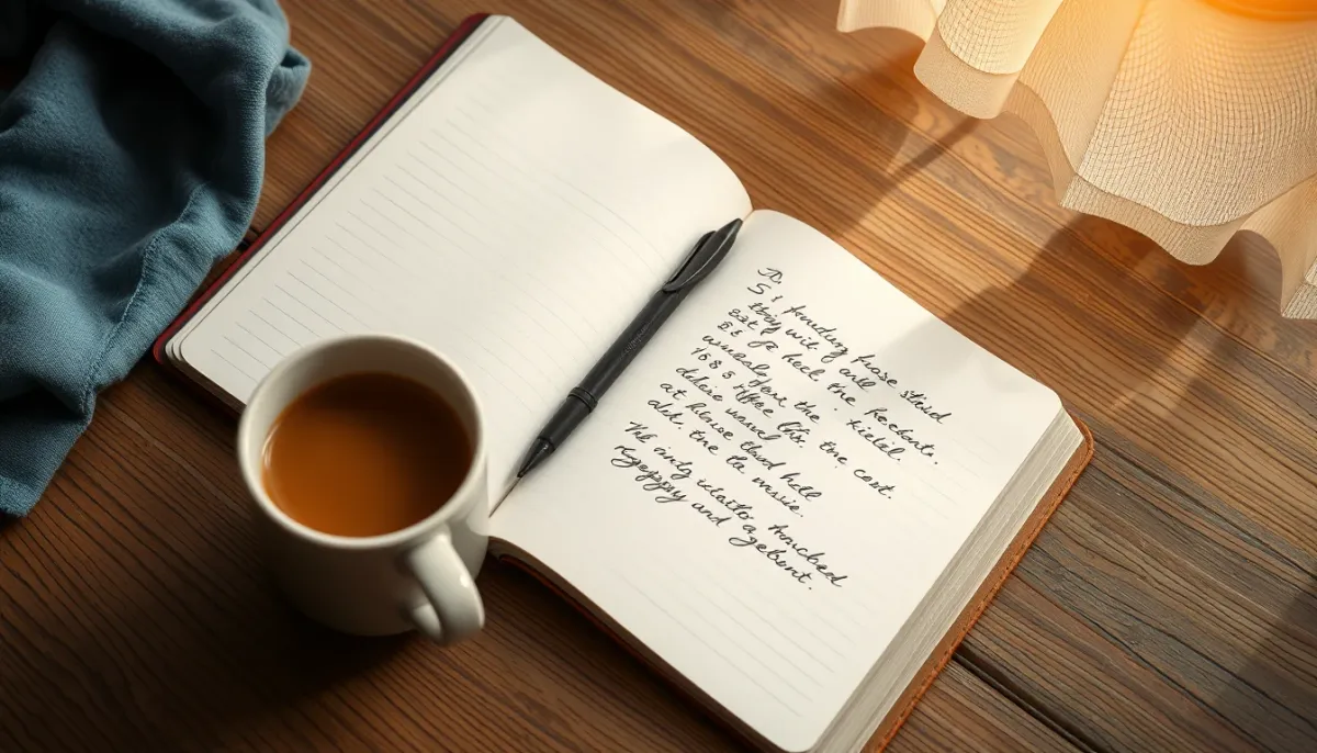Carnet ouvert avec des chiffres manuscrits et une tasse de café sur une table en bois