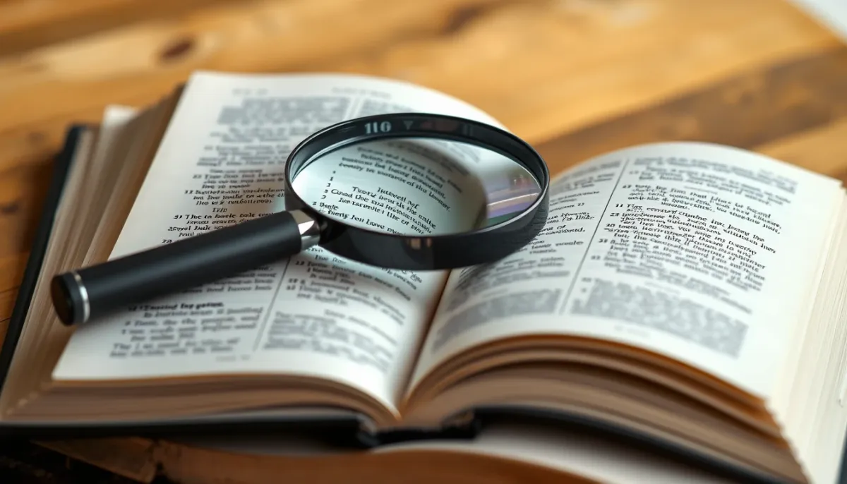 Livre ouvert avec une loupe posée sur une page de chiffres, symbolisant l'interprétation