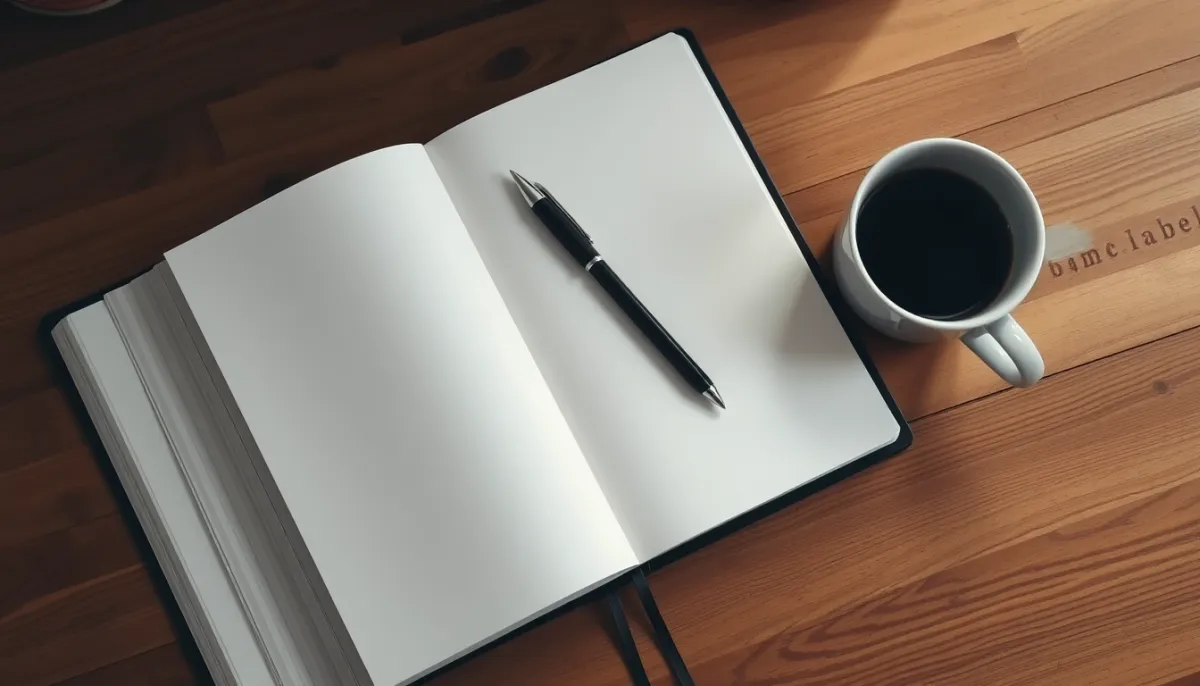 Journal ouvert avec un stylo et une tasse de café, symbolisant la réflexion et la révision