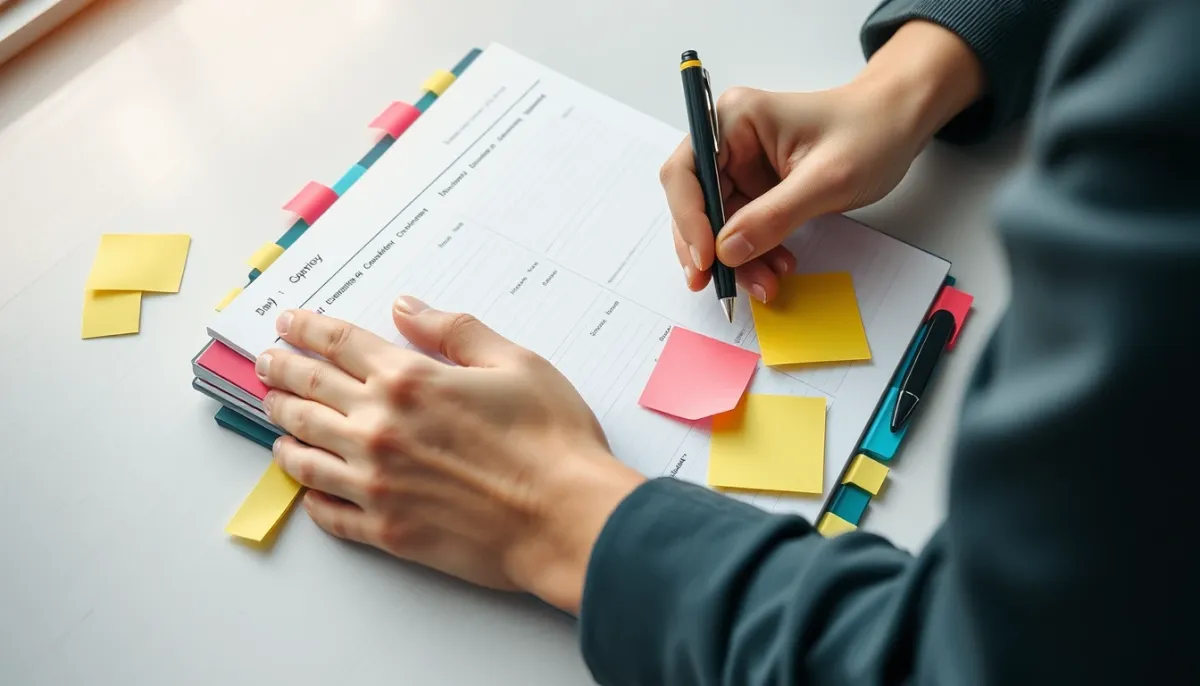 Mains organisant un agenda avec des notes autocollantes, illustrant la planification