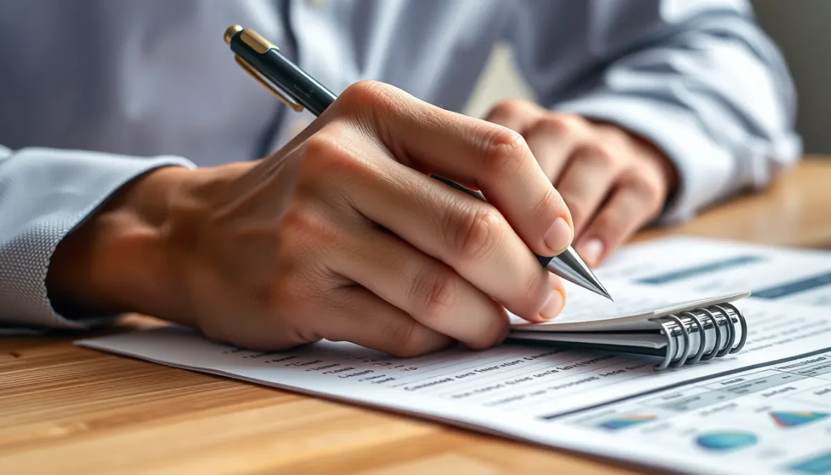 Mains écrivant des calculs numérologiques sur un carnet, montrant la méthode de calcul de l'année personnelle