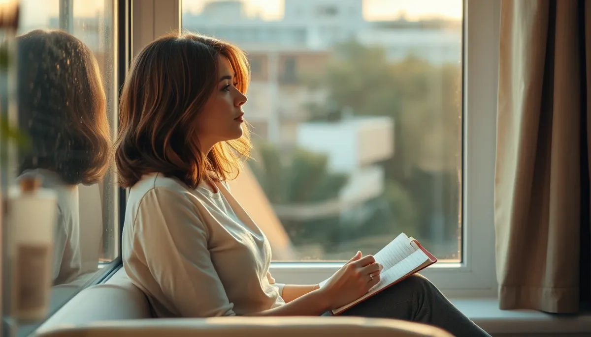 Personne assise près d'une fenêtre avec un journal, en pleine introspection, illustrant l'interprétation de l'année personnelle