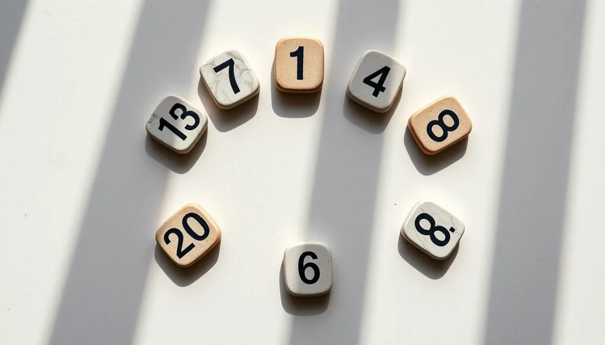 Neuf pierres numérotées disposées en cercle sur une table, représentant les années personnelles de 1 à 9