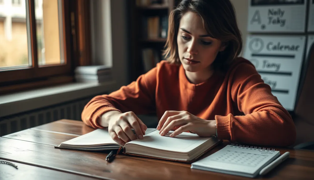 Personne d'une vingtaine d'années assise à un bureau, écrivant dans un journal intime avec un calendrier, symbolisant le bilan de vie