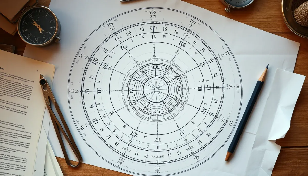 Thème astral étalé sur une table avec une boussole et un crayon, vue de dessus, pour illustrer la recherche de la position de Saturne