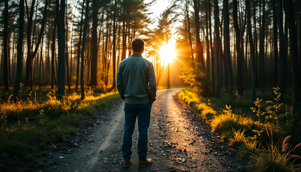 Personne debout à un carrefour en forêt, de dos, à l'heure dorée, symbolisant les choix de vie et la maturation