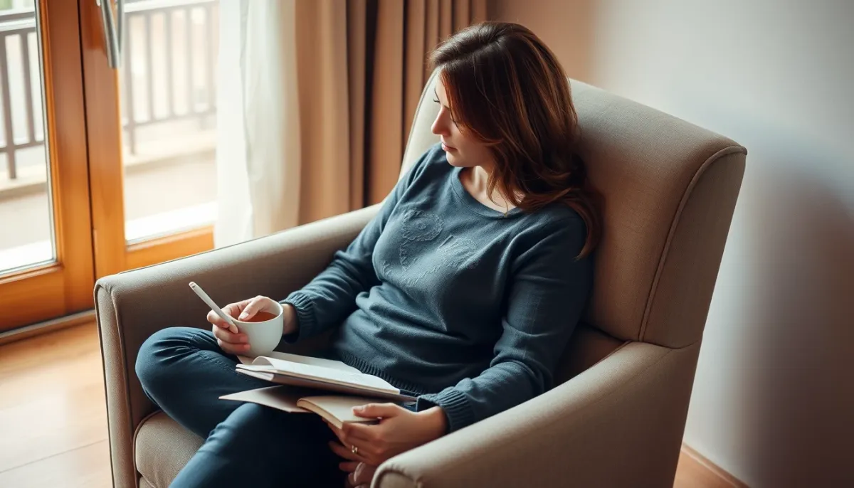 Personne assise dans un fauteuil confortable avec une tasse de thé et un carnet, dans une ambiance chaleureuse et réflexive