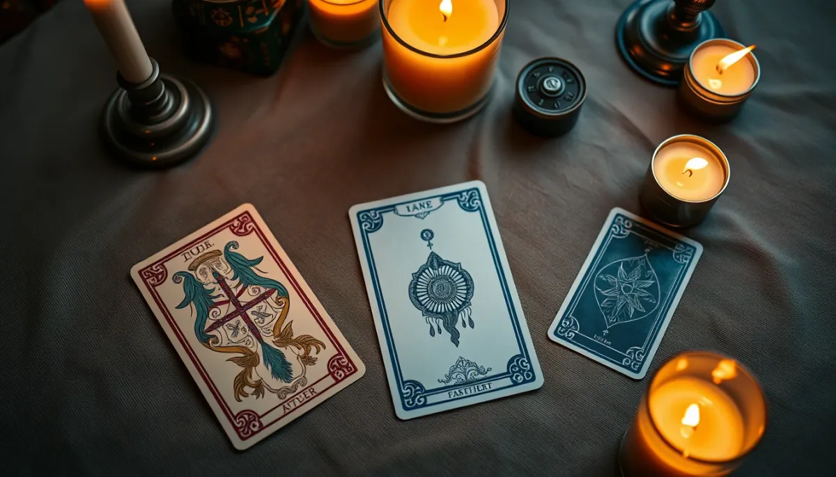 Tirage de tarot en croix avec trois cartes disposées sur une table