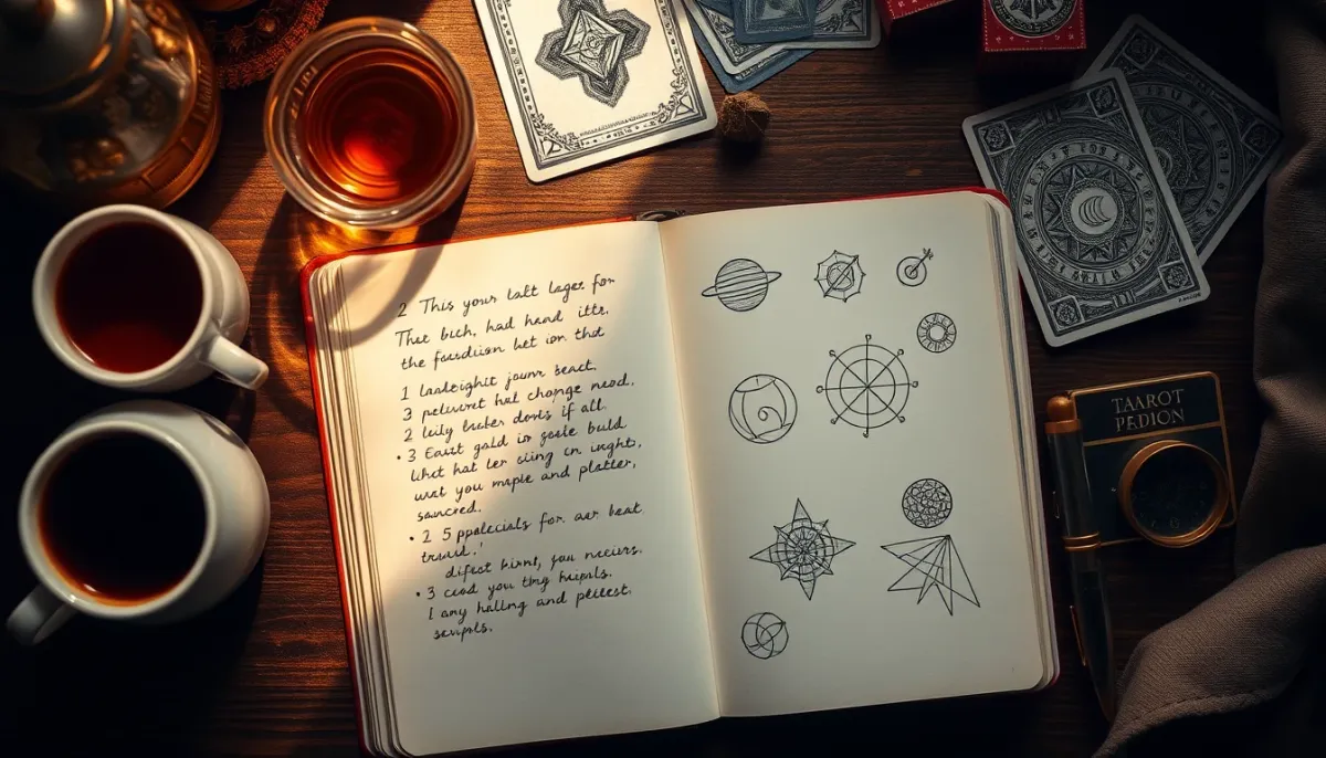 Carnet de notes avec symboles planétaires et cartes de tarot sur un bureau
