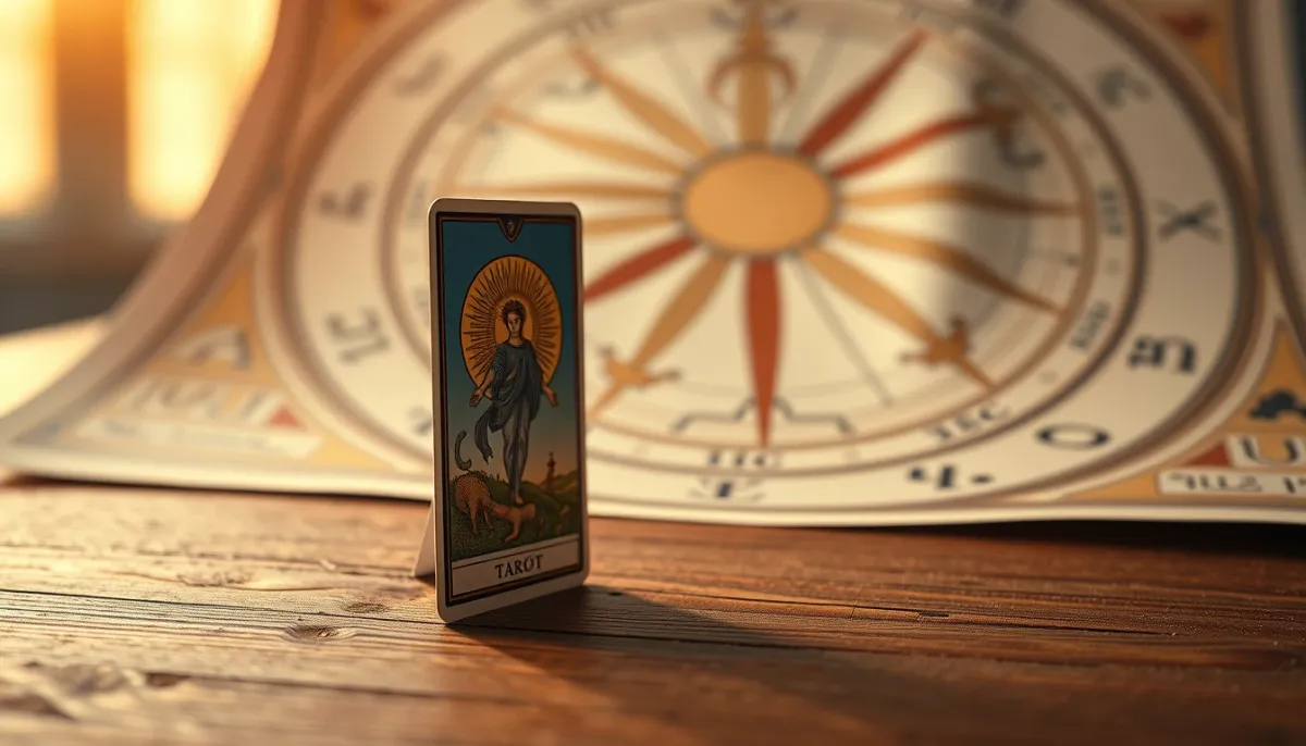 Carte de tarot dressée sur fond flou de thème astral à la lumière dorée