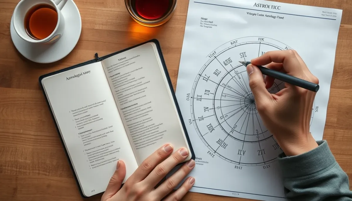 Personne prenant des notes dans un carnet à côté d'un thème astral avec des lignes d'aspects colorées