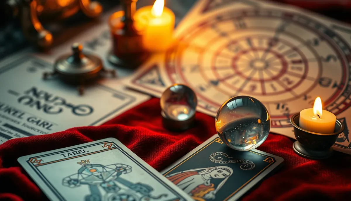 Cartes de tarot et boule de cristal sur un tissu en velours à côté d'un thème astral, évoquant la voyance