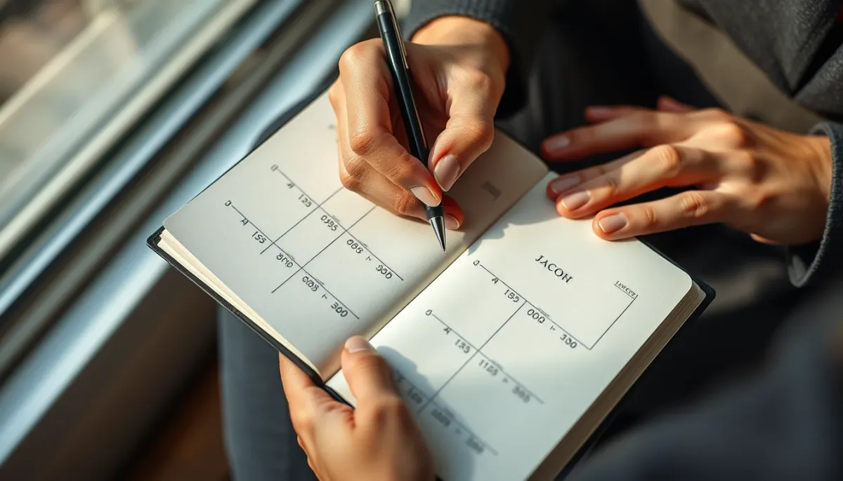 Personne écrivant dans un carnet avec des motifs numériques abstraits, gros plan sur les mains