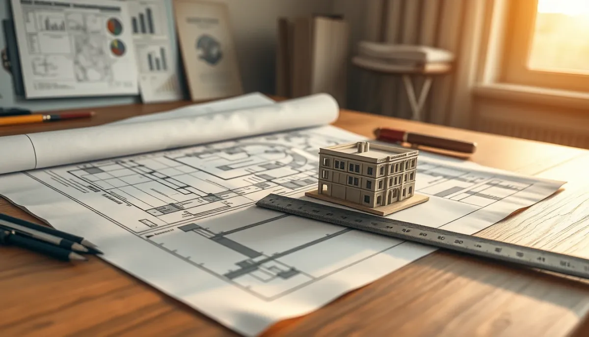 Bureau d'architecte avec plans, règle et maquette, évoquant la construction et la planification