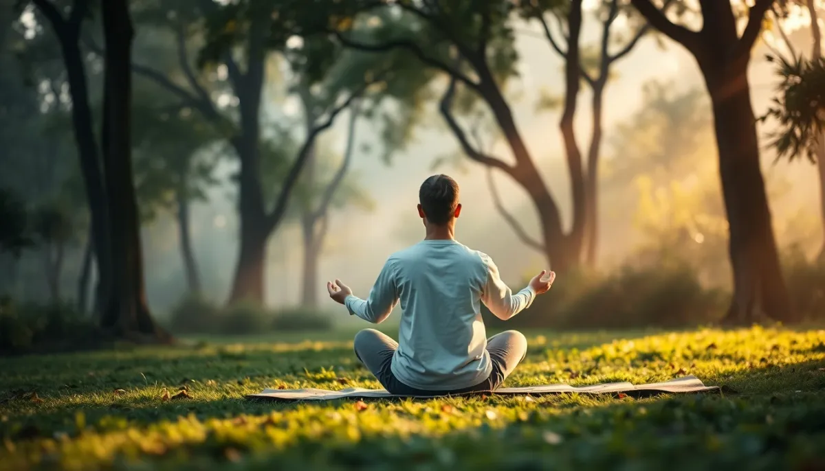 Personne méditant dans la nature, ambiance paisible et spirituelle