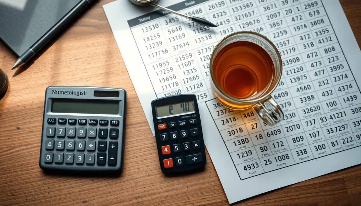 Espace de travail d'un numérologue avec calculatrice, grille de chiffres et tasse de thé